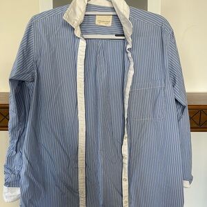 Women's Blue Pinstripe Button-Down Shirt with White Trim